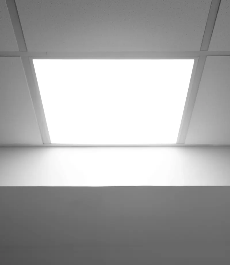 An illuminated square light panel in a suspended ceiling