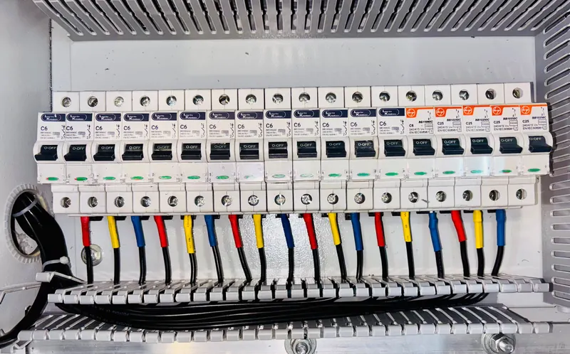 Circuit breakers and colour-coded wiring inside an electrical distribution panel