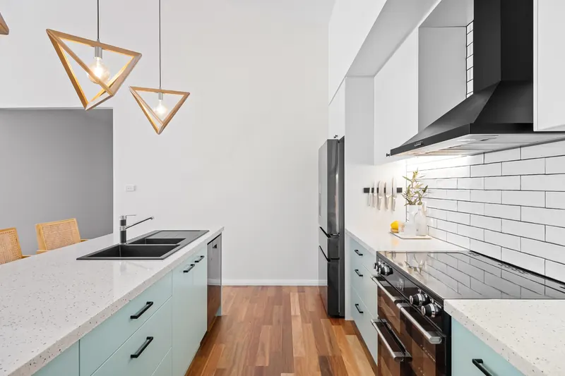 Pendant lighting over a kitchen island